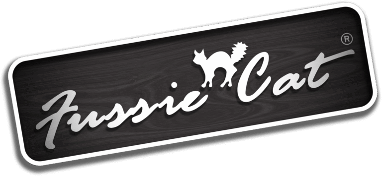 Fussie cat logo featuring the brand name and metallic aesthetic